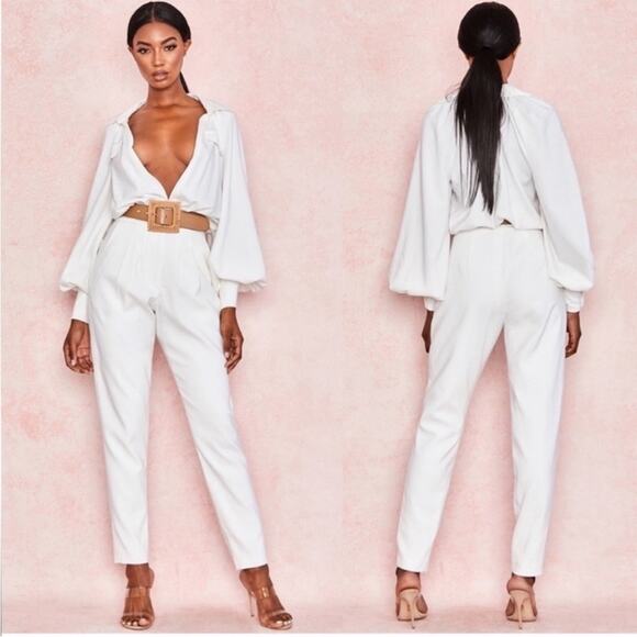 House of CB Delilah Jumpsuit White deep v long sleeve large long sleeve large - Picture 1 of 8